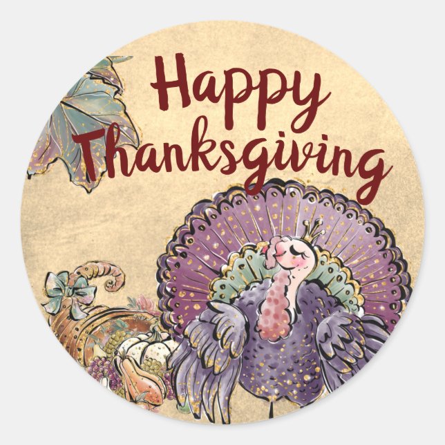 Happy Thanksgiving Turkey and Cornucopia Classic Round Sticker (Front)