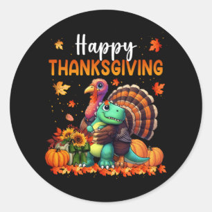 Happy Thanksgiving Turkey Hugging Dinosaur Friends Classic Round Sticker
