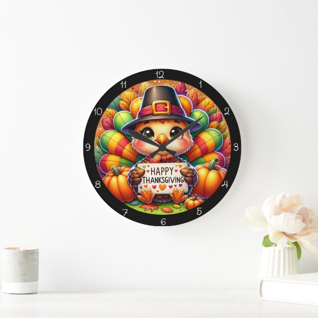 Happy Thanksgiving Turkey  Large Clock (Home)