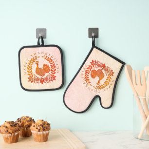 Happy Thanksgiving Turkey Oven Mitt & Pot Holder Set