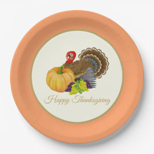 Happy Thanksgiving Turkey Pumpkin Grapes Paper Plate