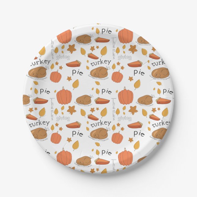 Happy Thanksgiving Turkey & Pumpkin Pie Paper Plate (Front)