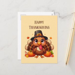 Happy Thanksgiving turkey pumpkins Holiday Postcard