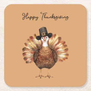 Happy Thanksgiving Turkey Square Paper Coaster