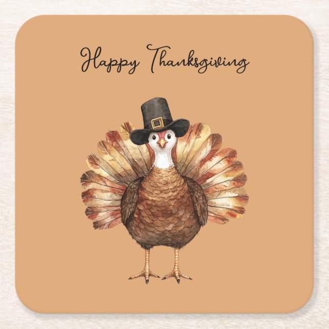 Happy Thanksgiving Turkey Square Paper Coaster (Front)