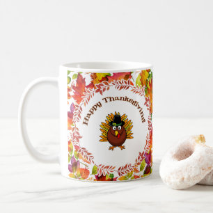 Happy Thanksgiving Turkey surrounded Fall Leaves  Coffee Mug