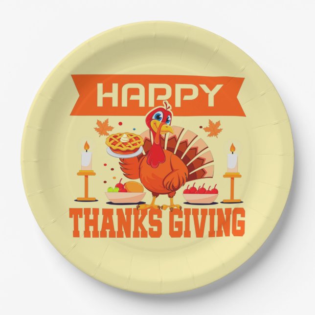 Happy Thanksgiving Turkey with Pie Large 9" Paper Plate (Front)