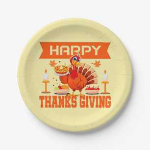 Happy Thanksgiving Turkey with Pie Small 9" Paper Plate