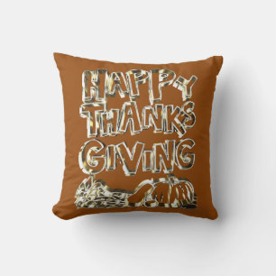 Happy Thanksgiving Typography Gold Harvest Pumpkin Cushion