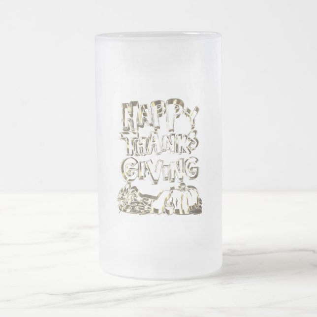 Happy Thanksgiving Typography Gold Harvest Pumpkin Frosted Glass Beer Mug (Center)