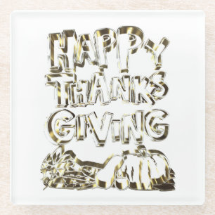 Happy Thanksgiving Typography Gold Harvest Pumpkin Glass Coaster