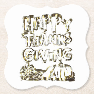 Happy Thanksgiving Typography Gold Harvest Pumpkin Paper Coaster