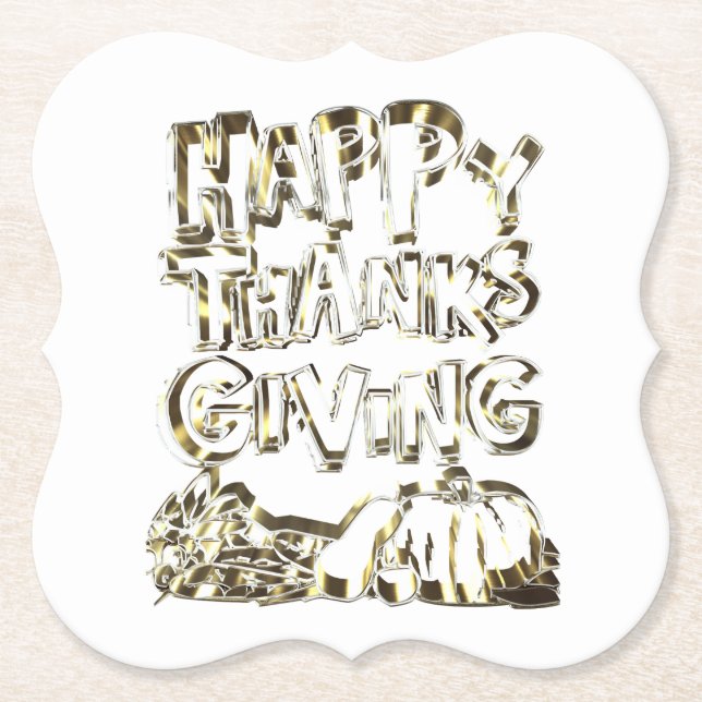 Happy Thanksgiving Typography Gold Harvest Pumpkin Paper Coaster (Front)