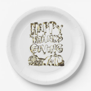 Happy Thanksgiving Typography Gold Harvest Pumpkin Paper Plate