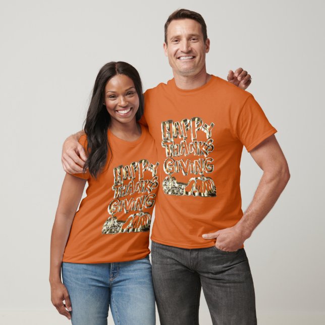 Happy Thanksgiving Typography Gold Harvest Pumpkin T-Shirt (Unisex)