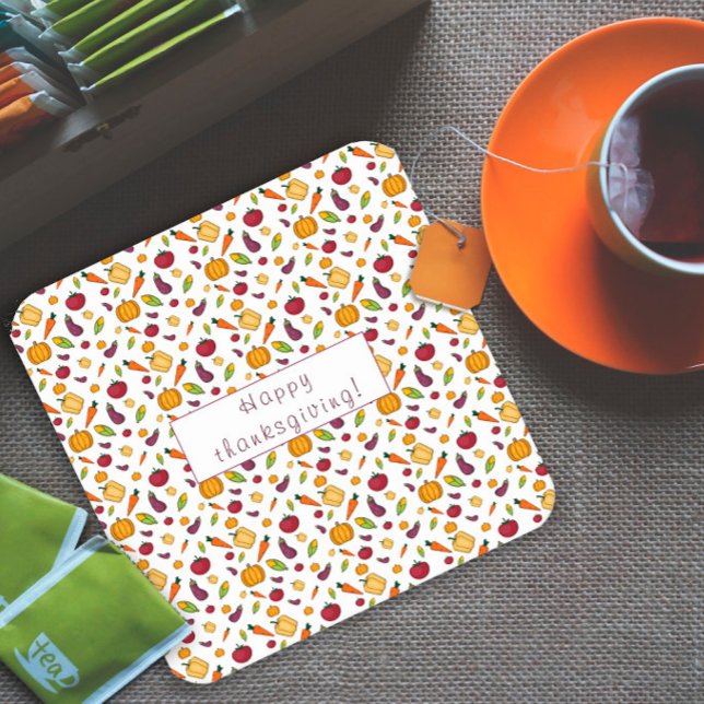 Happy thanksgiving  vegetables pattern white square paper coaster (Creator Uploaded)