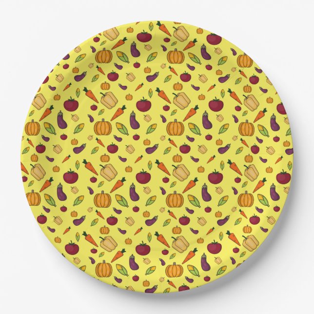 Happy thanksgiving  vegetables pattern yellow paper plate (Front)