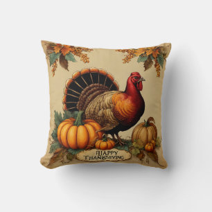 Happy Thanksgiving Vintage Turkey, Pumpkins Cushion