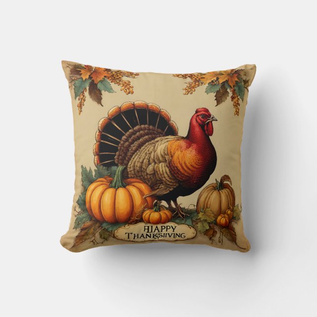 Happy Thanksgiving Vintage Turkey, Pumpkins  Cushion (Front)