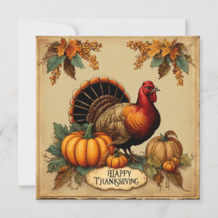 Happy Thanksgiving Vintage Turkey, Pumpkins Holiday Card