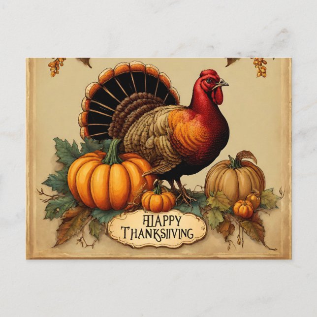 Happy Thanksgiving Vintage Turkey, Pumpkins  Holiday Postcard (Front)
