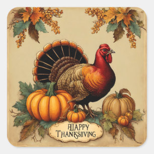 Happy Thanksgiving Vintage Turkey, Pumpkins Square Sticker