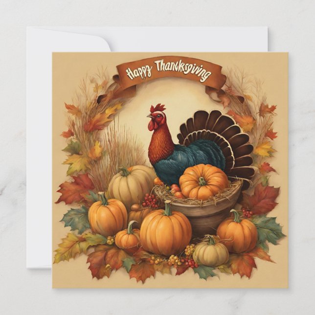 Happy Thanksgiving Vintage Turkey with Pumpkins  Card (Front)