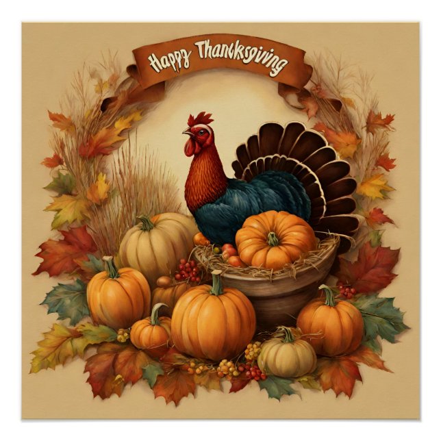 Happy Thanksgiving Vintage Turkey with Pumpkins  Poster (Front)
