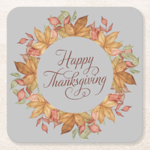 Happy Thanksgiving Watercolor Autumn Leaves Square Paper Coaster