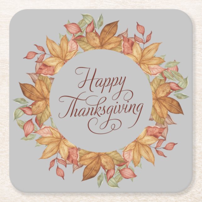 Happy Thanksgiving Watercolor Autumn Leaves  Square Paper Coaster (Front)