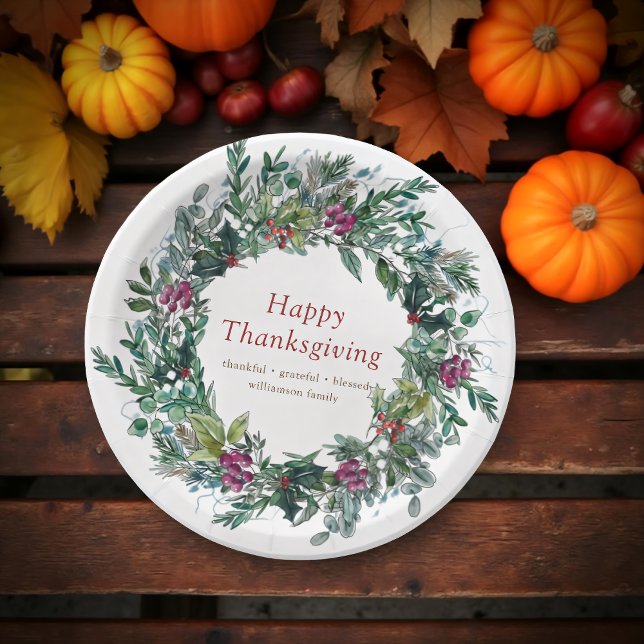 Happy Thanksgiving Watercolor Autumn Wreath Paper Plate (Creator Uploaded)
