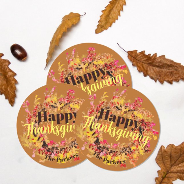 Happy Thanksgiving Watercolor Fall Leaves Wreath Classic Round Sticker (Creator Uploaded)