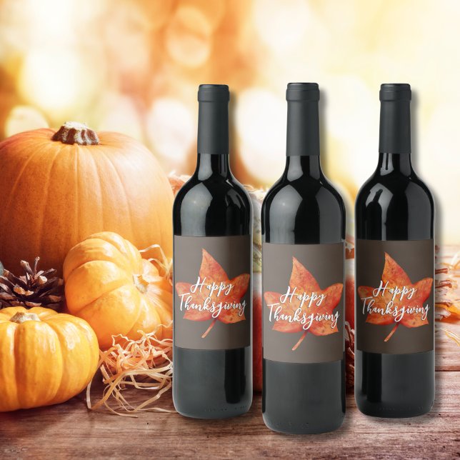 Happy Thanksgiving Watercolor Fall Maple Leaf Wine Label (Creator Uploaded)