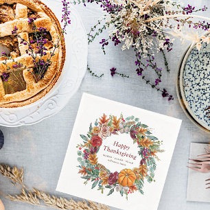 Happy Thanksgiving Watercolor Fall Pumpkin Wreath Napkin