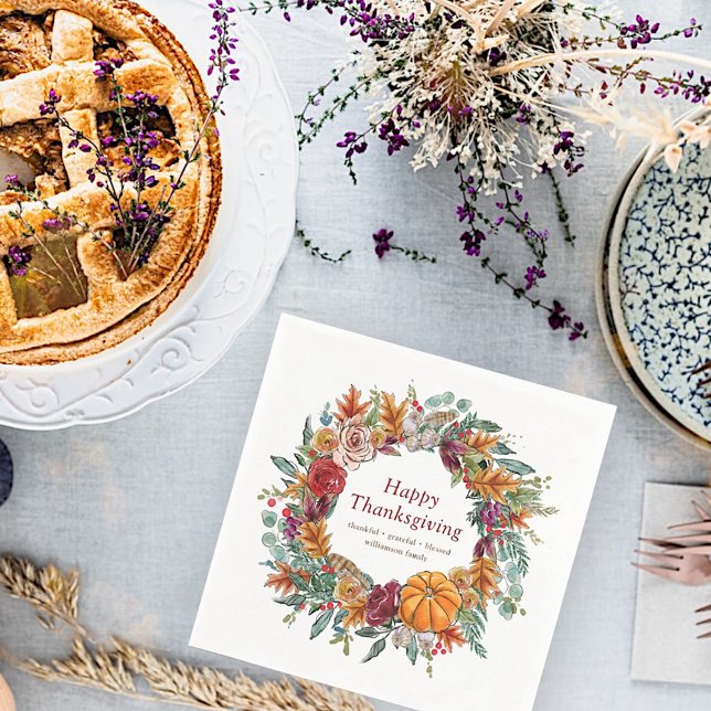 Happy Thanksgiving Watercolor Fall Pumpkin Wreath Napkin (Creator Uploaded)