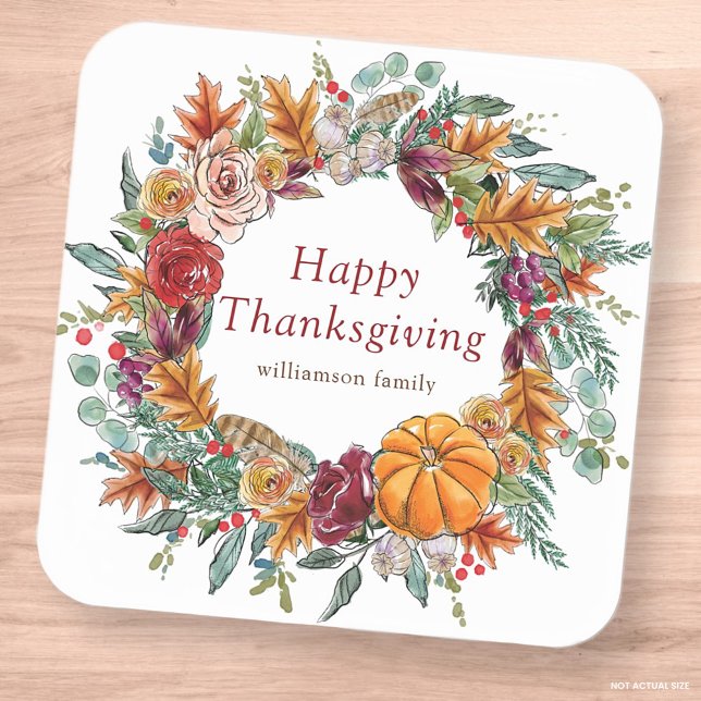 Happy Thanksgiving Watercolor Fall Pumpkin Wreath Square Sticker (Creator Uploaded)