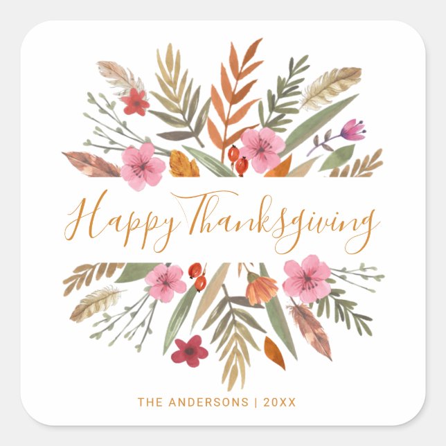 HAPPY THANKSGIVING WATERCOLOR FESTIVE FALL FOLIAGE SQUARE STICKER (Front)