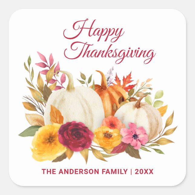 HAPPY THANKSGIVING WATERCOLOR FLORAL PUMPKIN PATCH SQUARE STICKER (Front)