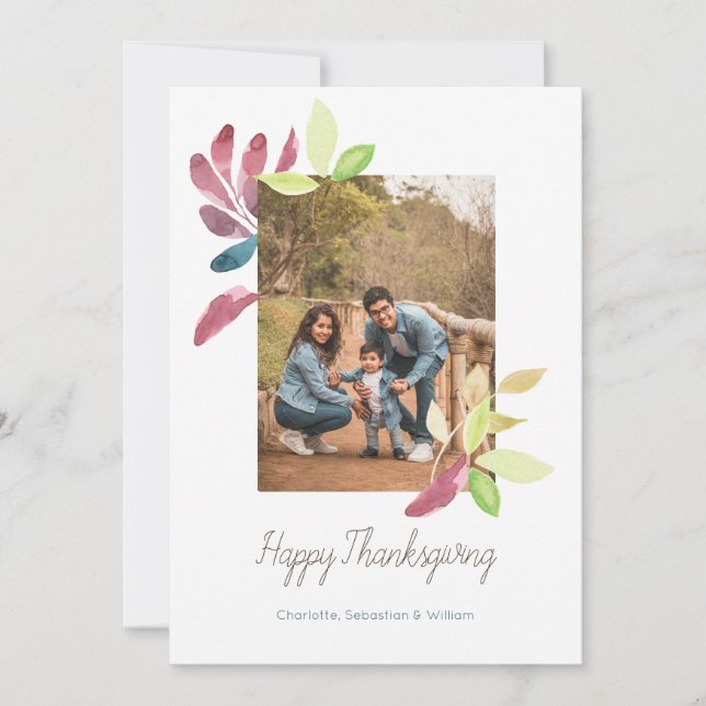 Happy Thanksgiving Watercolor Leaves Photo Holiday Card (Front)