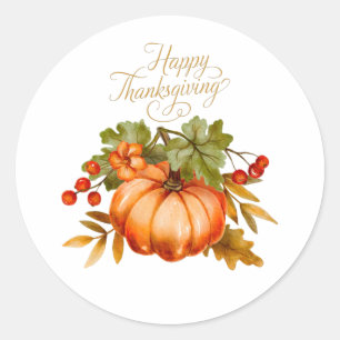 Happy Thanksgiving Watercolor Pumpkin and Berries Classic Round Sticker