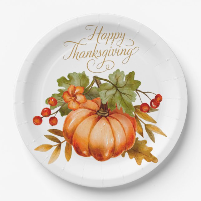 Happy Thanksgiving Watercolor Pumpkin and Berries  Paper Plate (Front)