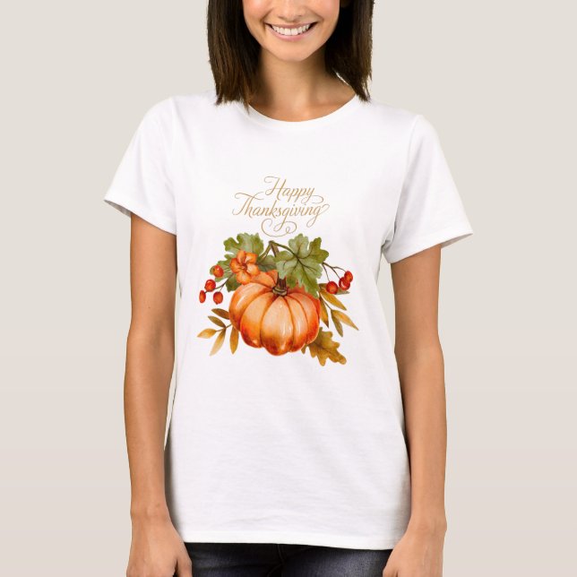 Happy Thanksgiving Watercolor Pumpkin and Berries  T-Shirt (Front)