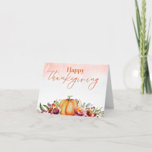 Happy Thanksgiving Watercolor Pumpkin and Flowers  Card