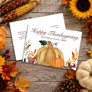 Happy Thanksgiving Watercolor Pumpkin Autumn Leave Holiday Card