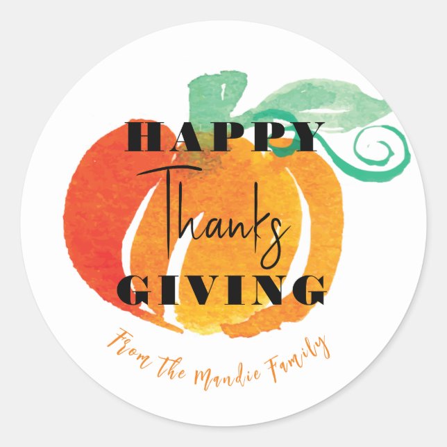 Happy Thanksgiving Watercolor Pumpkin Hand Painted Classic Round Sticker (Front)