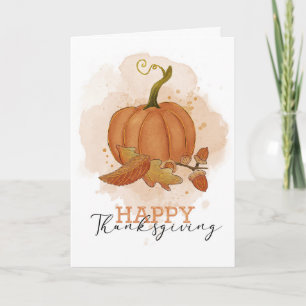Happy Thanksgiving Watercolor Pumpkin Leaves Card
