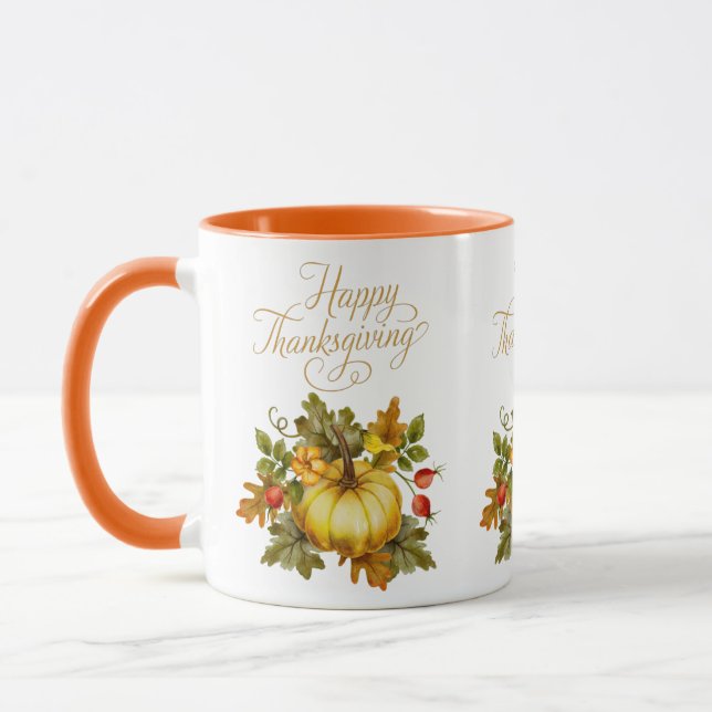 Happy Thanksgiving Watercolor Pumpkin, Rose Hips  Mug (Left)