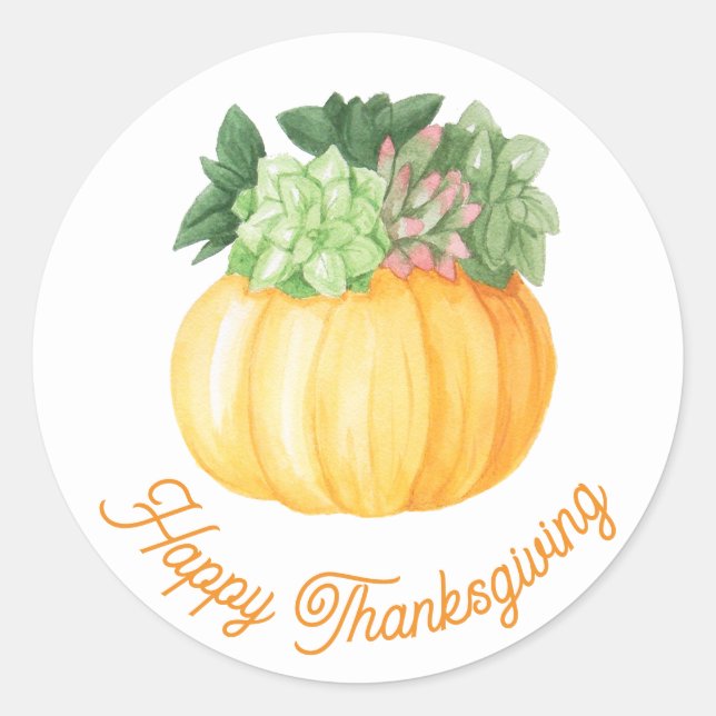 Happy Thanksgiving. Watercolor pumpkin succulents Classic Round Sticker (Front)