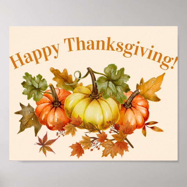 Happy Thanksgiving Watercolor Pumpkins and Leaves  Poster (Front)