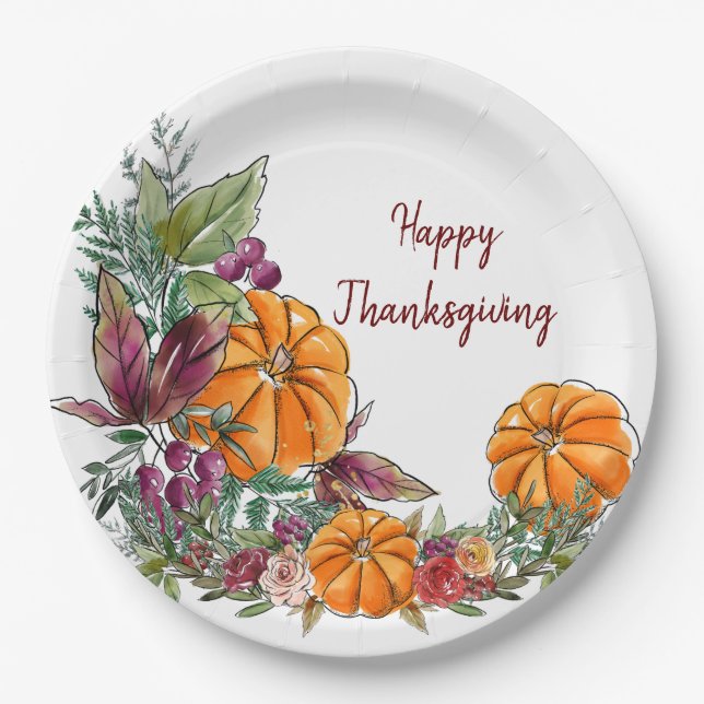 Happy Thanksgiving Watercolor Pumpkins Autumn Paper Plate (Front)